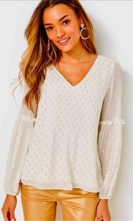 Lilly Pulitzer Tops - Lilly Pulitzer Ivory Gold Metallic Silk Relaxed Fit Blouse Pleated V-Neck Small